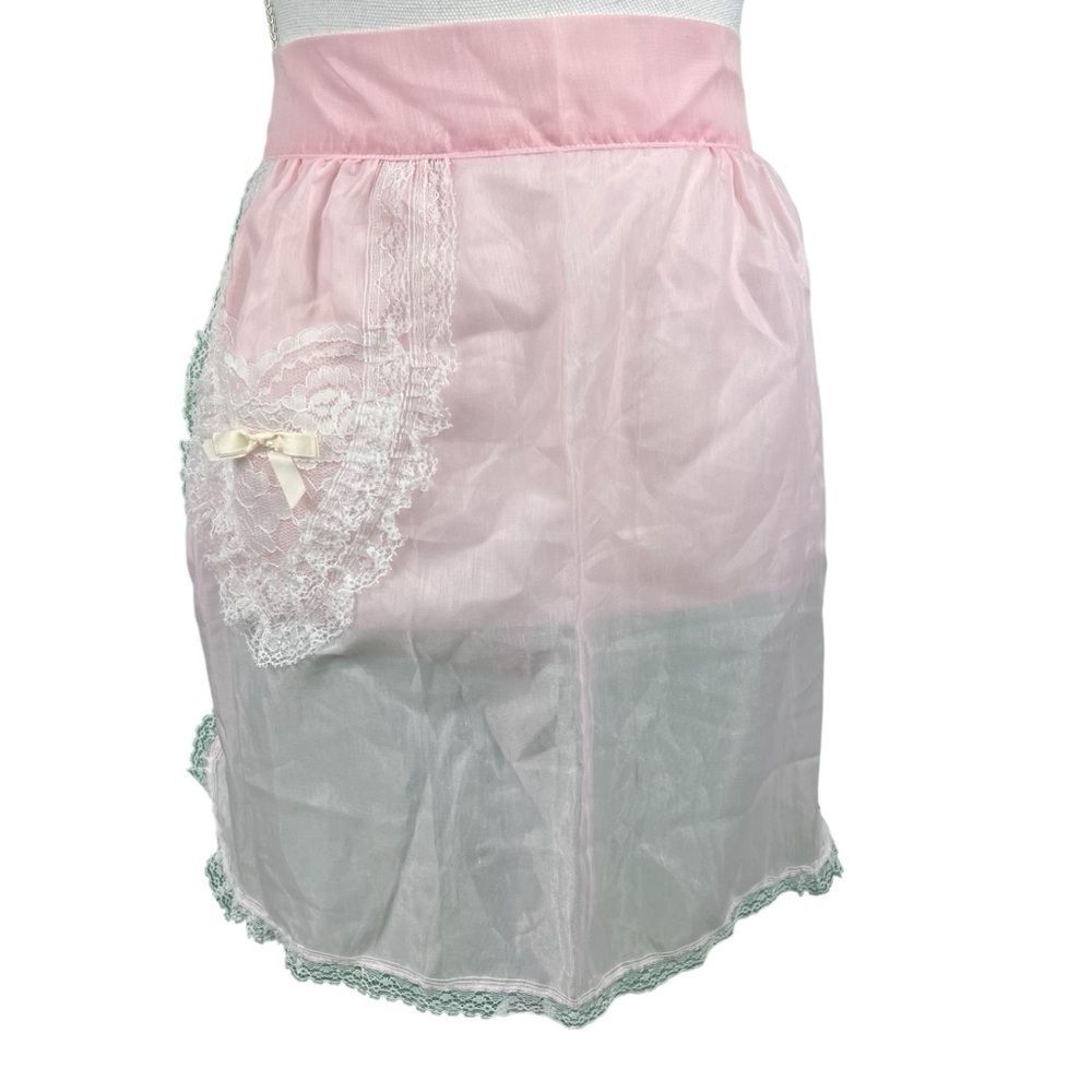 Vintage Pale Pink Semi Sheer Apron with White Lace Heart and Trim Delicate